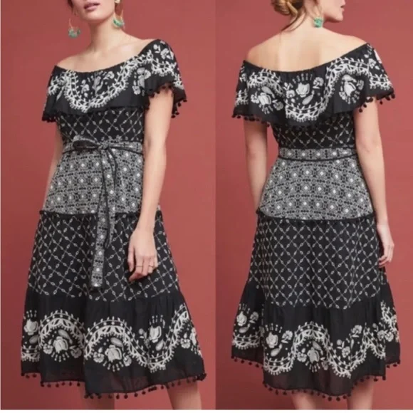 Anthropologie | Dresses | Anthropologie Marisol Offtheshoulder Embroidered  Black And White Floral Dress | Poshmark